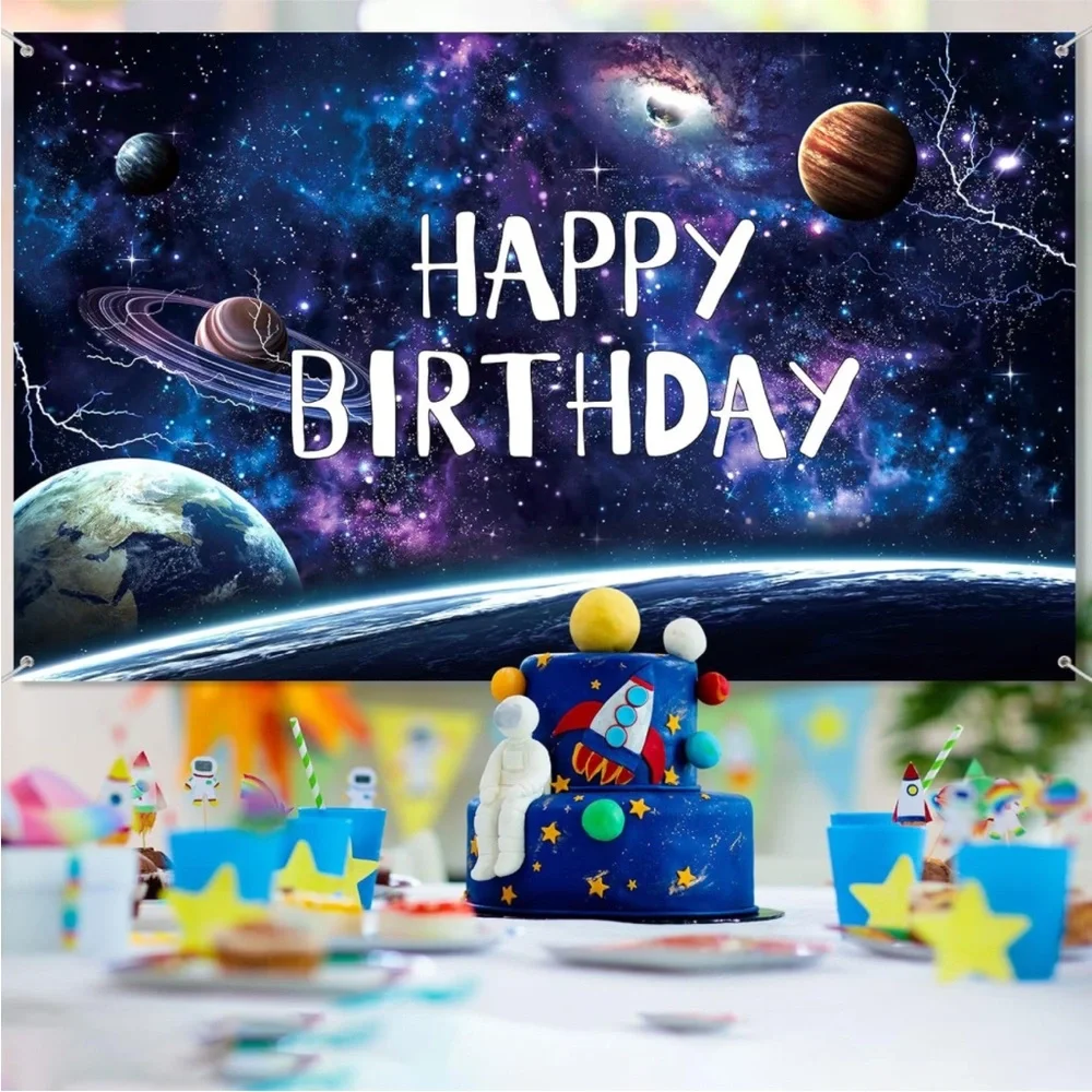Space Galaxy Birthday Backdrop, Table Cloth & 500 Stickers Bundle